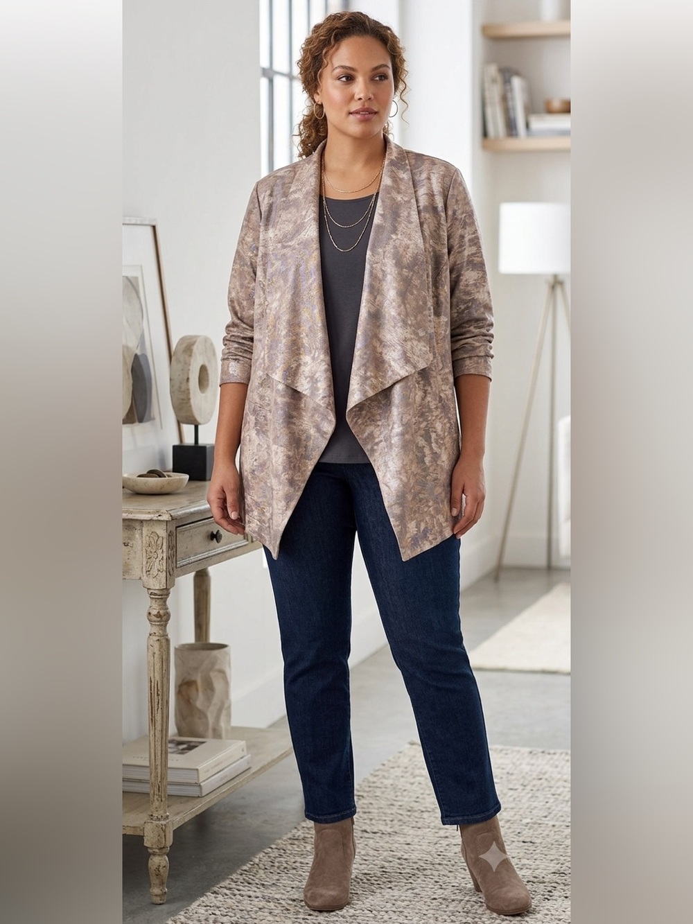 Coldwater Creek Cardigan Women's 18 Tan Brown Draped Open Front 3/4 Sleeve
